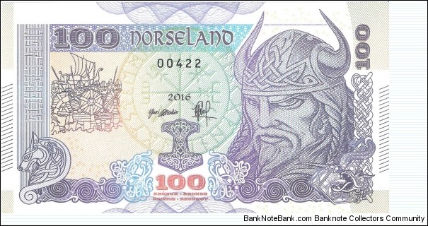 Norseland; 100 kronur, 2016.
Private fantasy issue.
Part of the Dragon Collection! Banknote