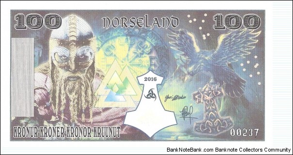 Norseland; 100 kronur, 2016.
Private fantasy issue.
Part of the Dragon Collection! Banknote