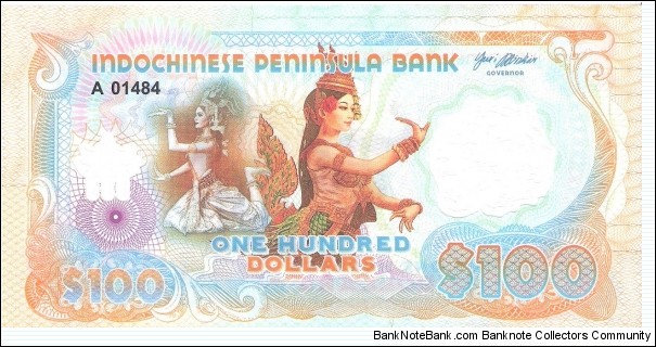 Indochinese peninsula; 100 dollars.
Polymer note, private fantasy issue.  Part of the Elephant Collection! Banknote