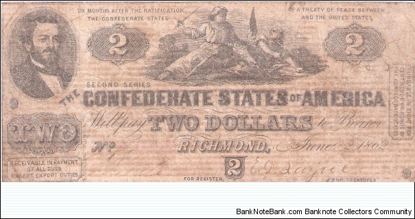 Confederate States of America; 2 dollars; June 2, 1862 Banknote