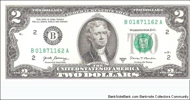 Federal Reserve Note; 2 dollars; Series 2017A (Carranza/Mnuchin) Banknote