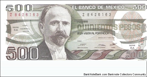 500 pesos; August 7, 1984; Series EA Banknote