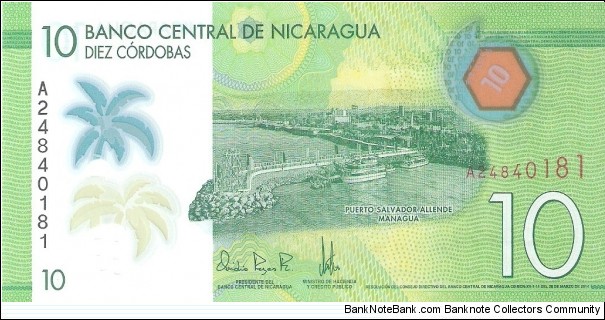 10 cordobas; March 16, 2014. Polymer note. Banknote