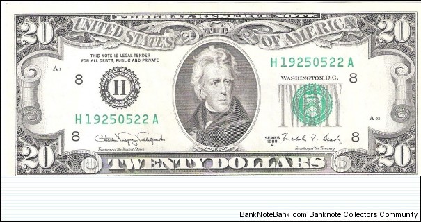 Federal Reserve Note; 20 dollars; Series 1988A (Villalpando/Brady) Banknote