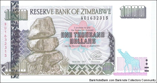 1000 dollars; 2003.  Part of the Elephant Collection! Banknote