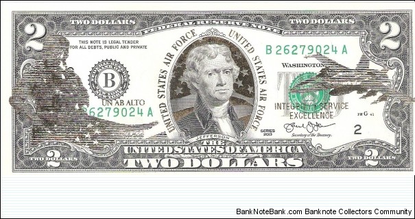 Federal Reserve Note; 2 dollars, Series 2013 (Rios/Lew).  Modified to commemorate US Air Force. Banknote