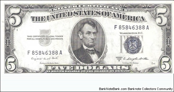 Silver Certificate; 5 dollars; Series 1953B (Smith/Dillon) Banknote