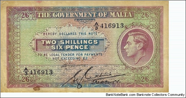 MALTA 2 Shillings 6 Pence 1940  Banknote