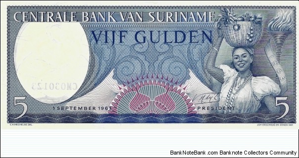 SURINAME 5 Gulden 1963 Banknote