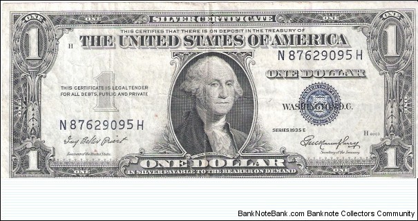 Silver Certificate; 1 dollar; Series 1935E (Priest/Humphrey) Banknote