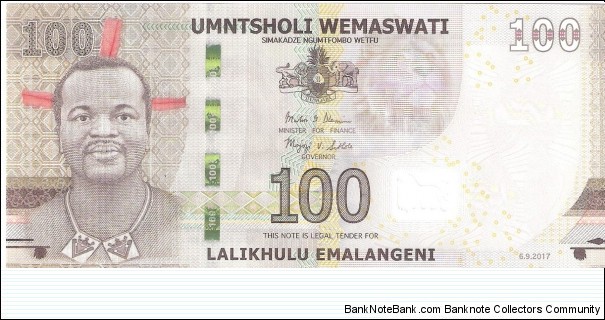 Eswatini (Swaziland); 100 emalangeni; September 8 (or August 9?), 2017.  Polymer/paper hybrid.  Part of the Elephant Collection! Banknote