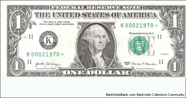 Federal Reserve Note; 1 dollar; Series 2017 (Carranza/Mnuchin).  Star Note.  Lowest serial number I've ever found in circulation so far, star note or otherwise! Banknote