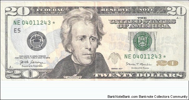 Federal Reserve Note; 20 dollars; Series 2017 (Carranza/Mnuchin).  Star Note. Banknote