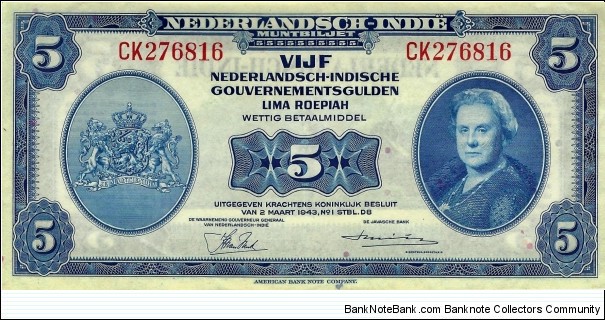 NETHERLANDS INDIES 5 Gulden Banknote