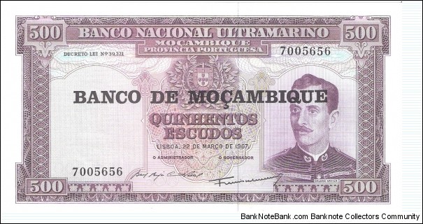 500 escudos; originally printed 1967, overprinted with 