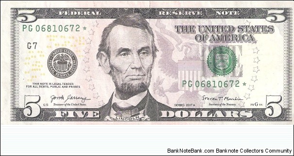 Federal Reserve Note; 5 dollars; Series 2017A (Carranza/Mnuchin).  Star Note. Banknote