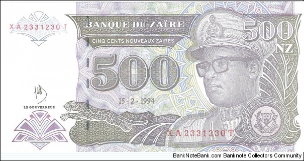 Zaire; 500 New Zaires; February 2, 1994. Banknote